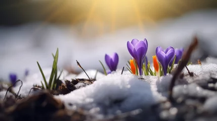 Foto op Aluminium macro tilt-shift, first signs of spring, a purple crocus grows from a snow covered field, copy space, 16:9 © Christian