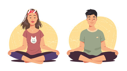 Relaxed woman, man meditating sitting in lotus yoga pose. Peaceful tranquil persons practicing meditation relaxing. Relaxation, Zen, concentration, mental health concept flat vector illustration set