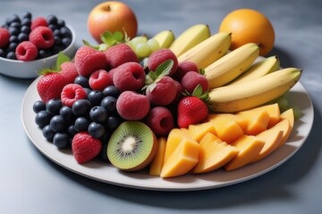 Plate with fresh fruits on wooden table, closeup. Healthy food