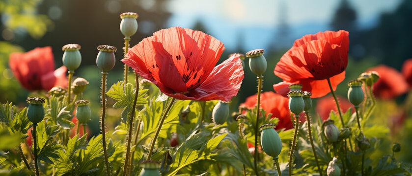 supper macro close up imange of opium single poppy with blurred background.  