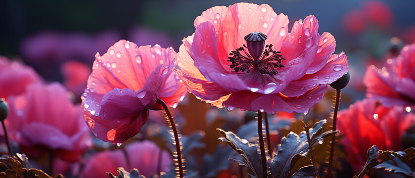 supper macro close up imange of opium single poppy with blurred background.  