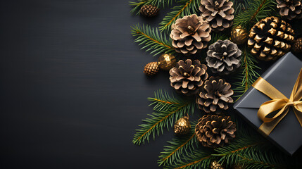 Christmas composition. Christmas fir tree branches, gifts, pine cones on grey background. Flat lay, top view. Copy space. Banner backdrop