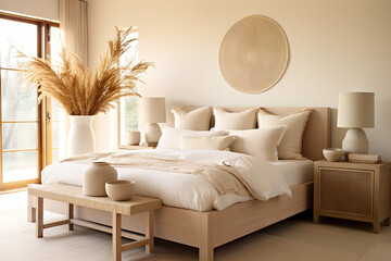 Boho Chic Retreat Wicker Headboard Bed & Cozy Bench in Modern Country House Bedroom. created with Generative AI