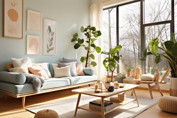Serenity in Pastel Scandinavian Living Room with Blue Sofa by the Window. created with Generative AI