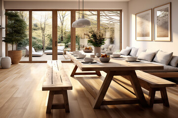 Obraz premium Rustic Feast Modern Farmhouse Dining Room with Inviting Table and Bench. created with Generative AI