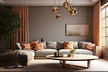 Elegance in Simplicity Modern Living Room with Grey Corner Sofa, Terracotta Pillows, and Wooden Coffee Table. created with Generative AI