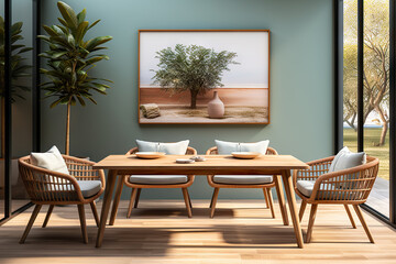 Nordic Serenity Rattan Furniture in a Scandinavian Modern Dining Room with Blue Wall Accents. created with Generative AI