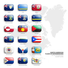 North American Dependencies and Other Territories Flags 3D Vector Glossy Icons Set Isolated On White. American Official Flags Bright Vivid Colour Bulging Round Buttons Collection On Light Background