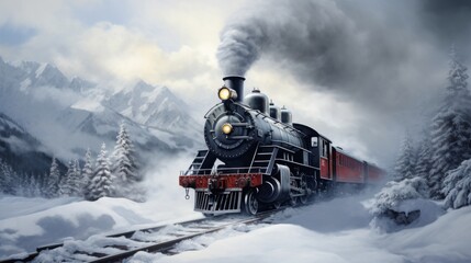 煙を上げて雪原を走る機関車