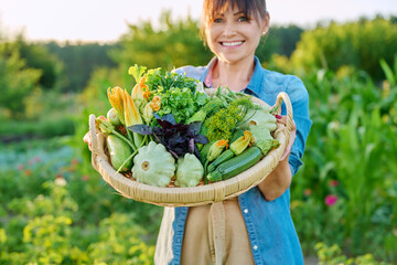 Close-up basket with green vegetables and herbs in hands of woman, on farm