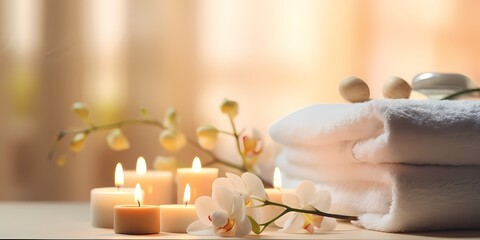 Obraz na płótnie Canvas Spa and wellness setting with towels, candles and orchid flowers - generative ai
