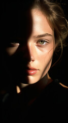 Low saturated artistic portrait of a model. The image is characterized by a dramatic play of light and shadow, with a focus light cast.