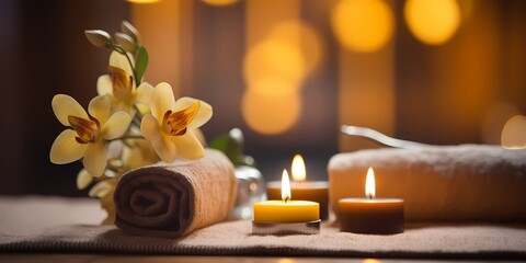 Obraz na płótnie Canvas Spa still life with candles and orchid flowers on wooden background - generative ai