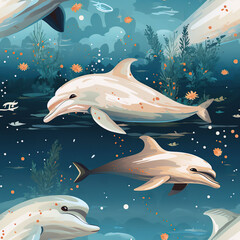seamless pattern with dolphins in the sea water on blue background