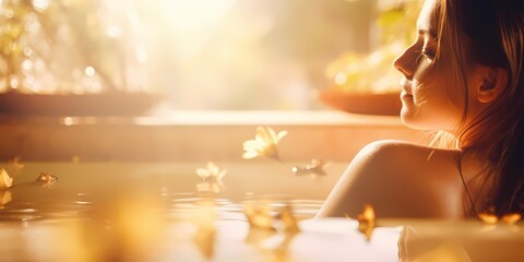 Young woman relaxing in bathtub with flower petals in sunlight. - generative ai - obrazy, fototapety, plakaty