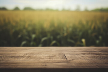 a rustic wooden table top with a blurred corn field background