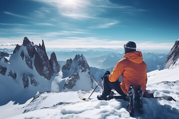 Skier Young man having fun on weekend activity in ski resort vacation - Winter sport concept. - obrazy, fototapety, plakaty