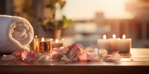 Spa setting with rose petals, candles and towel on wooden table - generative ai