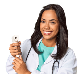 Young Filipina doctor holding body temperature meter