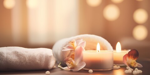Spa and wellness setting with candles, towel and orchid flowers - generative ai