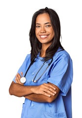 Young Filipina nurse with a stethoscope in studio