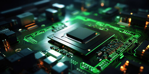 Fototapeta premium Heart of the Machine: Microprocessor in Green Glow. Motherboad electronics. Generative AI