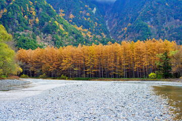 Kamikochi National Park in the Northern Japan Alps of Nagano Prefecture, Japan. Beautiful mountain in autumn leaf and Azusa river