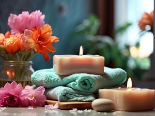 Fototapeta na wymiar Soap, towel, flowers in bathroom, on blurred spa background