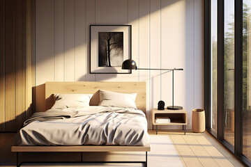 Serenity in Simplicity Minimalist Style Bedroom Elegance. created with Generative AI