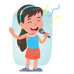 Singer girl kid singing song performing concert. Artist performer child person cartoon character holding microphone. Performance voice sound, talent entertainment show flat vector illustration