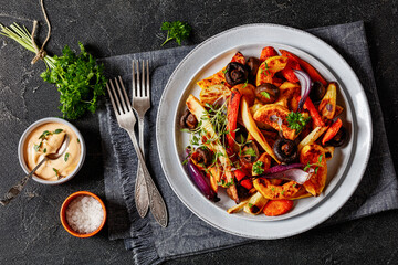baked winter veggies and mushrooms on a plate