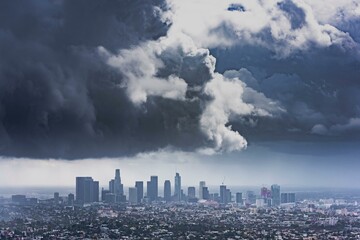 4K Image: Los Angeles Skyline Enveloped by Menacing Thunderstorm Clouds - Dramatic Urban Weather