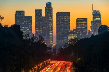 4K Image: Bustling Freeway Traffic in Los Angeles After Sunset - Urban Nightlife