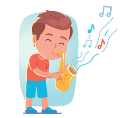 Musician kid playing saxophone music instrument. Artist performer boy child person hold blowing in sax wind musical instrument. Performance, talent concert entertainment show flat vector illustration