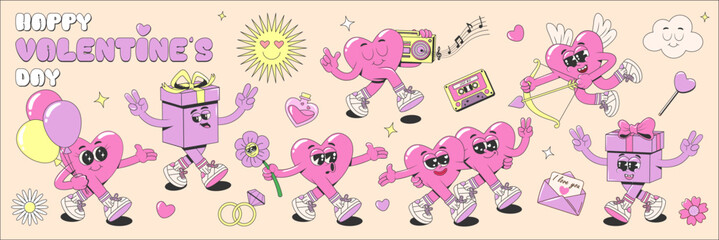 Collection of funky cartoon valentine's day lovely hearts and gifts characters in retro groovy style. Сomic funny romantic 60s, 70s Happy Valentine's day stickers, stamps or patches.