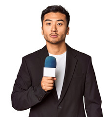 Young Chinese TV presenter reporting news with microphone in studio - obrazy, fototapety, plakaty