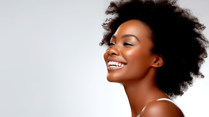 LAUGHING HAPPY AFRICAN AMERICAN WOMAN, HORIZONTAL IMAGE. legal AI	