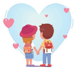 Boy, girl kids couple in love holding hands. Back view of children friends persons standing walking dating together, heart symbol. Schoolgirl, schoolboy friendship, romance flat vector illustration