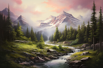 peaceful mountain landscape, oil painting