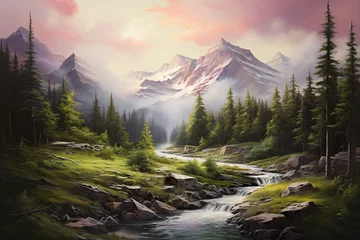 Raamstickers peaceful mountain landscape, oil painting © Kritchanok