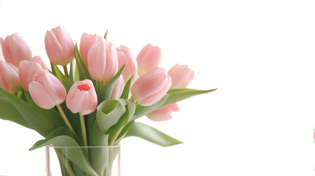 Soft lighting and a shallow depth of field are used to photograph a light pink tulip bouquet on a simple background.