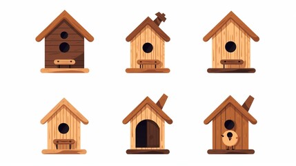 Obraz na płótnie Canvas Wooden bird houses as a set. nesting box made of various woods. On a white background, a flat vector graphic is displayed.v