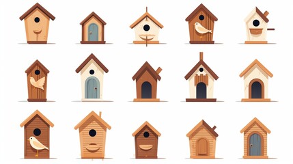 Wooden bird houses as a set. nesting box made of various woods. On a white background, a flat vector graphic is displayed.v