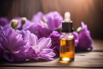 Essential oil in a small glass bottle with purple flowers on a wooden background