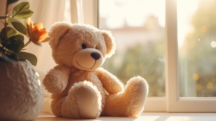 teddy bear in a window