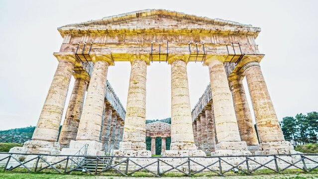 Greek Temple of Segesta in Italy, front time lapse view