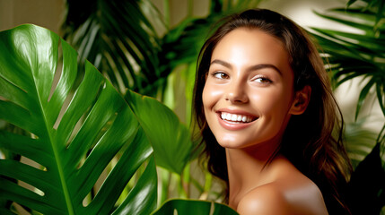 WOMAN WITH PERFECT SMOOTH SKIN IN TROPICAL LEAVES. NATURAL COSMETICS AND SKIN CARE CONCEPT. legal AI