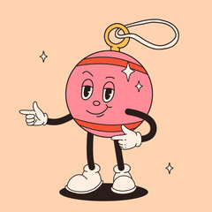 Christmas foods and drinks design with coffee, hot cocoa, cookie, gingerbread, present, christmas tree in trendy retro cartoon style. Character in groovy 50s, 60s, 70s Vintage Style