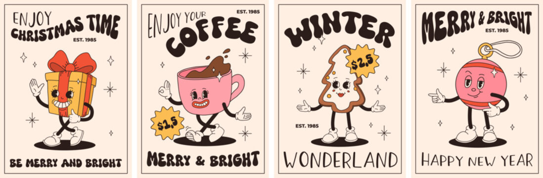 Groovy retro Christmas posters. Santa claus, christmas tree, ball, hot cocoa, present in trendy vintage cartoon style. Retro characters in 50s, 60s, 70s animation style