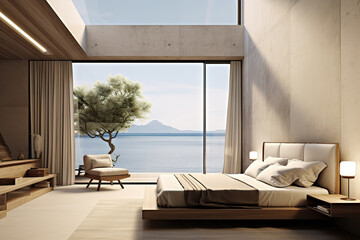 Ocean Breeze Loft Modern Bedroom with Expansive Floor-to-Ceiling Window in Seaside House. created with Generative AI